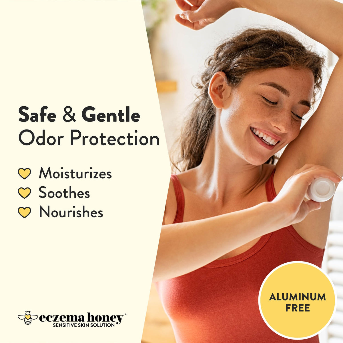 Underarm coverage with ECZEMA HONEY deodorant for daily comfort.