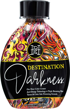 ED HARDY Destination Darkness bottle displaying a dark tanning lotion with anti-orange technology for even color