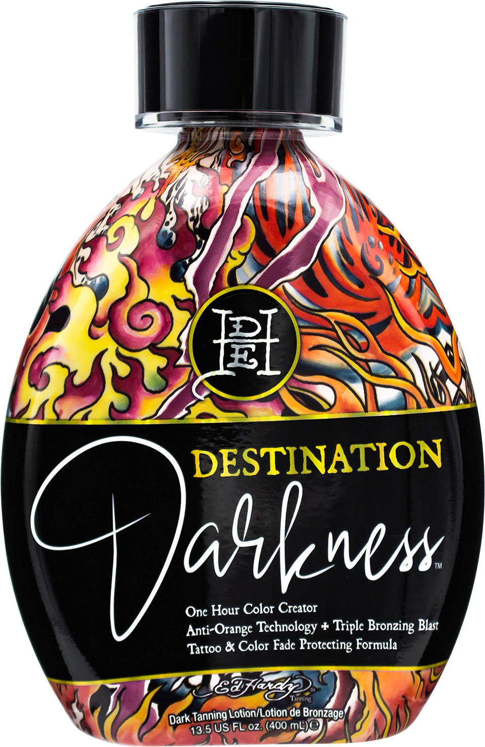 ED HARDY Destination Darkness bottle displaying a dark tanning lotion with anti-orange technology for even color