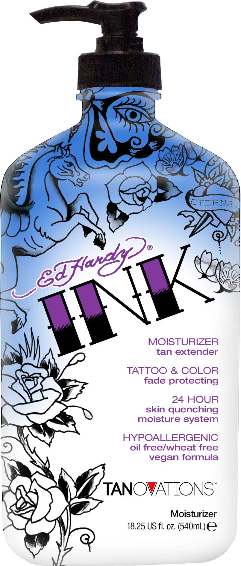 ED HARDY INK bottle showing tattoo and color fade protection for hydrated skin.