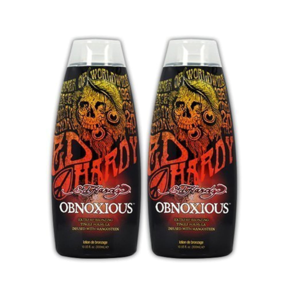 ED HARDY Obnoxious indoor tanning lotion bottle with mango and hemp seed oil.