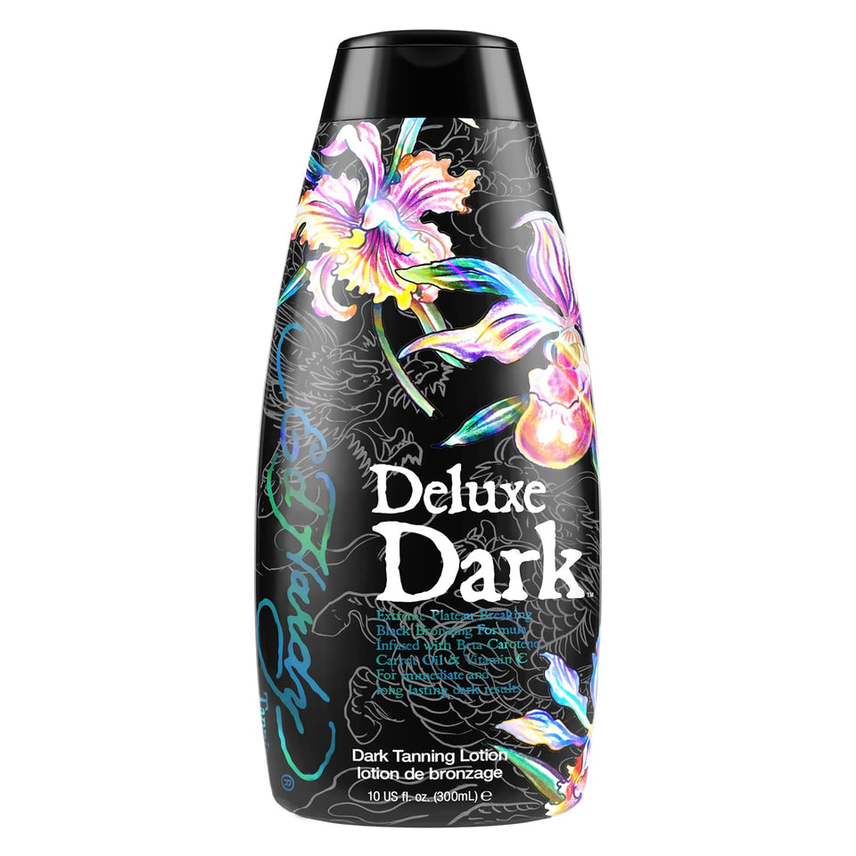 Ed Hardy Tanning Deluxe Dark bottle pour for quick, even bronzing preparation.