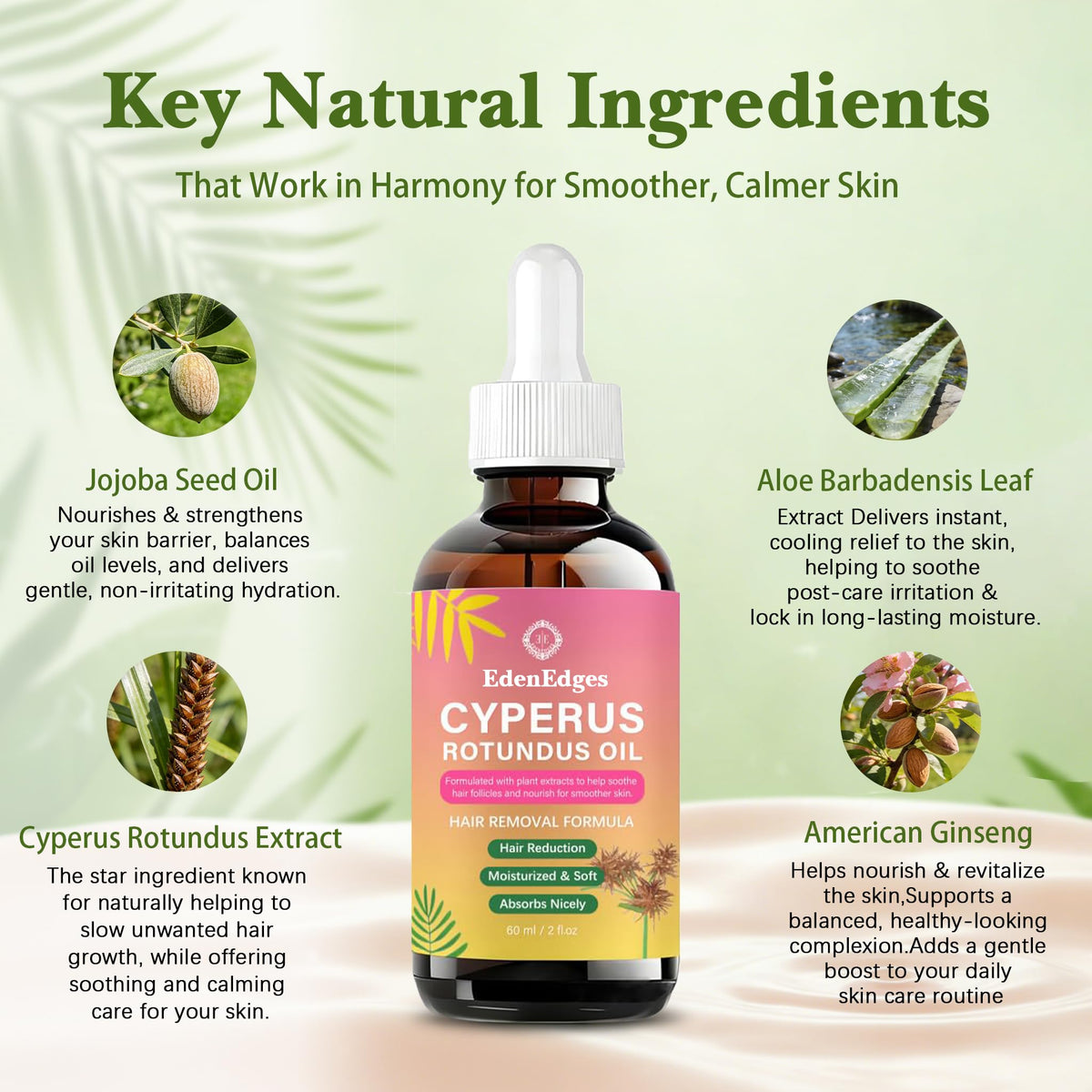 EdenEdges hair-growth-inhibitor serum close-up highlights light, non-greasy texture.