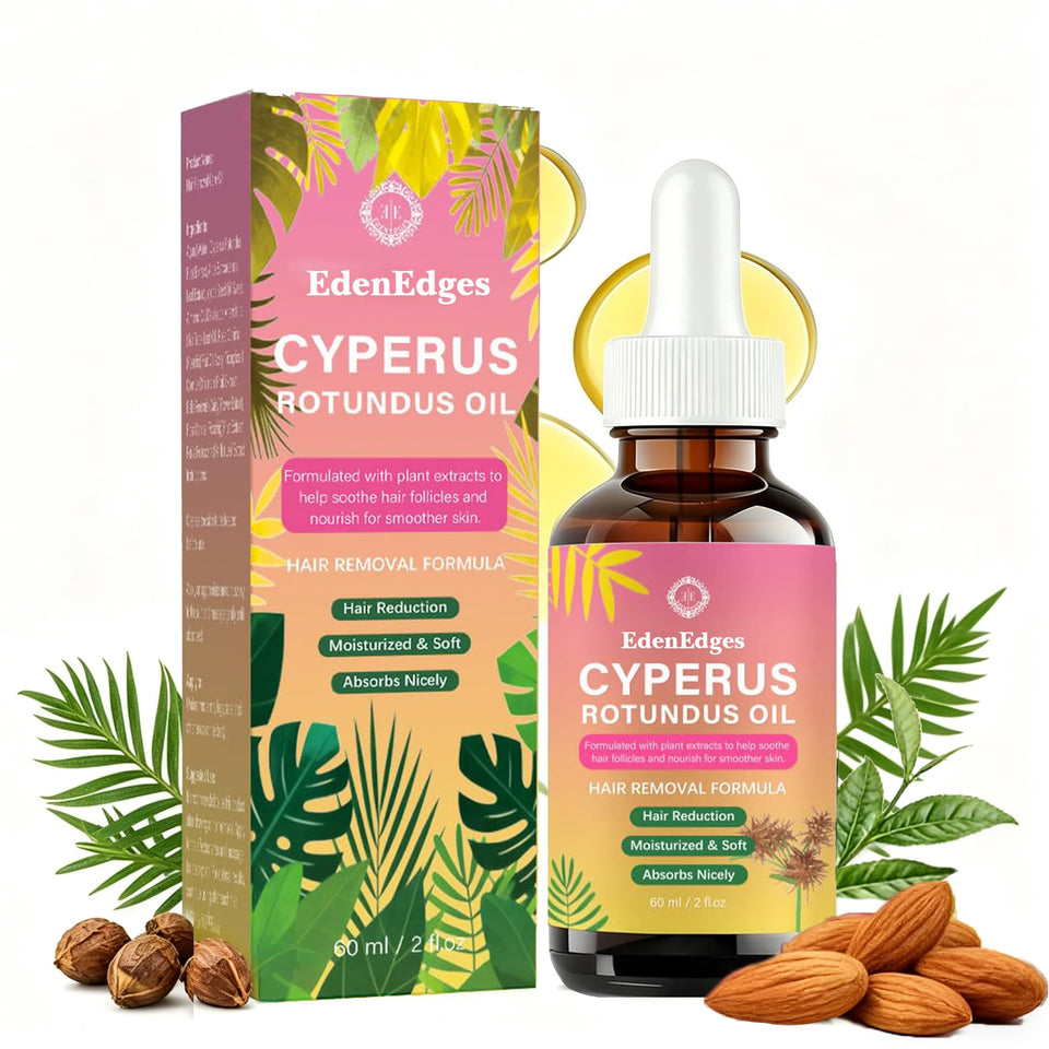 EdenEdges Cyperus Rotundus Oil bottle demonstrates a natural hair-minimizing solution for legs, arms, and bikini area.