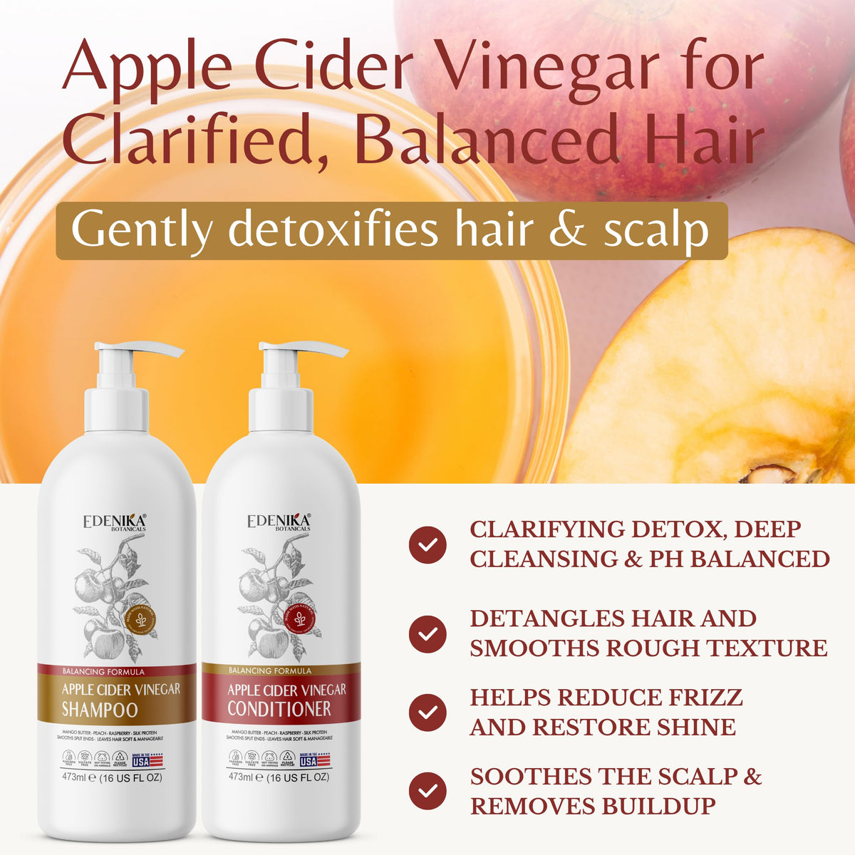 EDENIKA BOTANICALS ACV Conditioner bottle provides silk protein detangling.