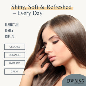 EDENIKA BOTANICALS shampoo and conditioner bottles in shower signaling gentle, chemical-free care.