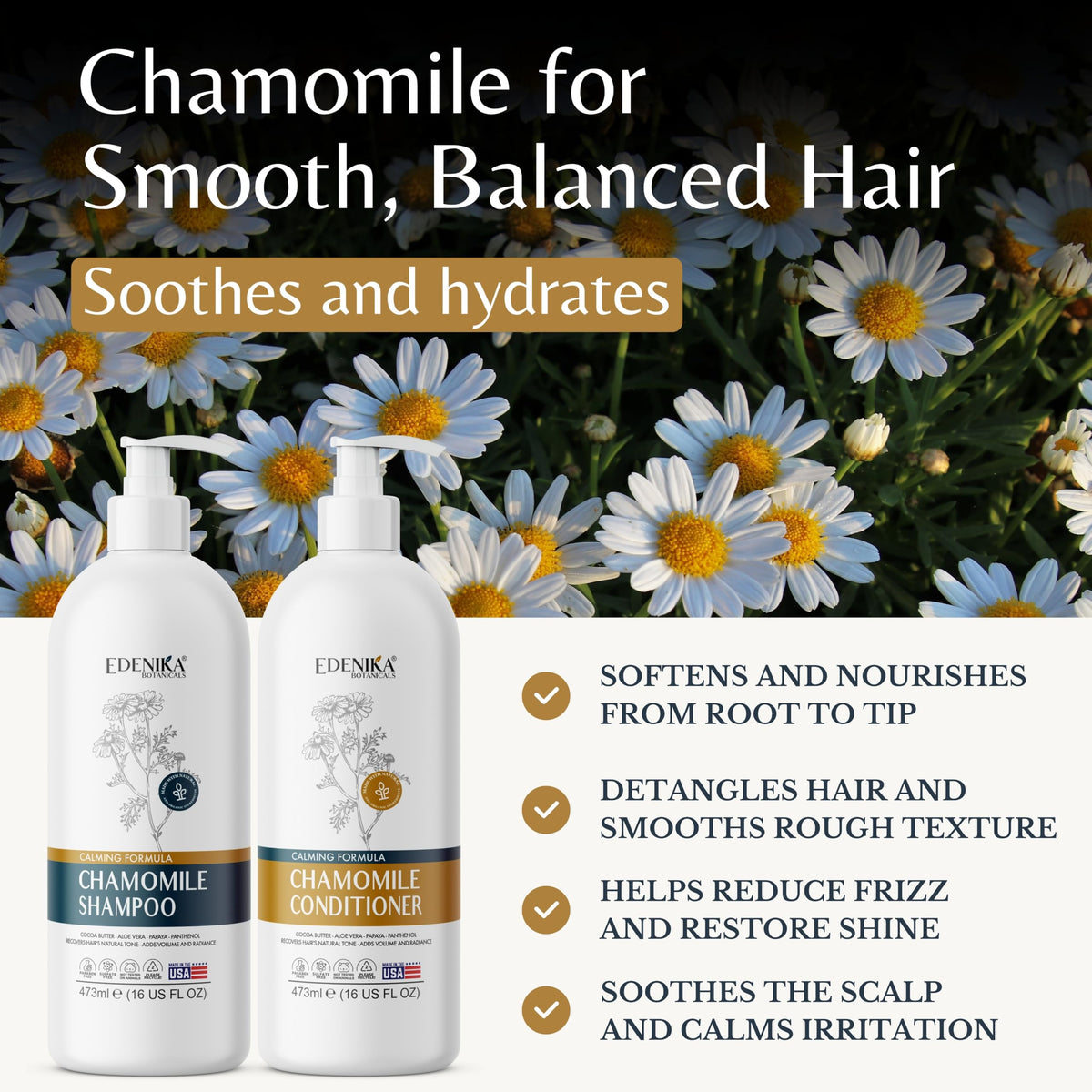 EDENIKA BOTANICALS chamomile conditioner bottle on sink emphasizing hydration and smoothness.