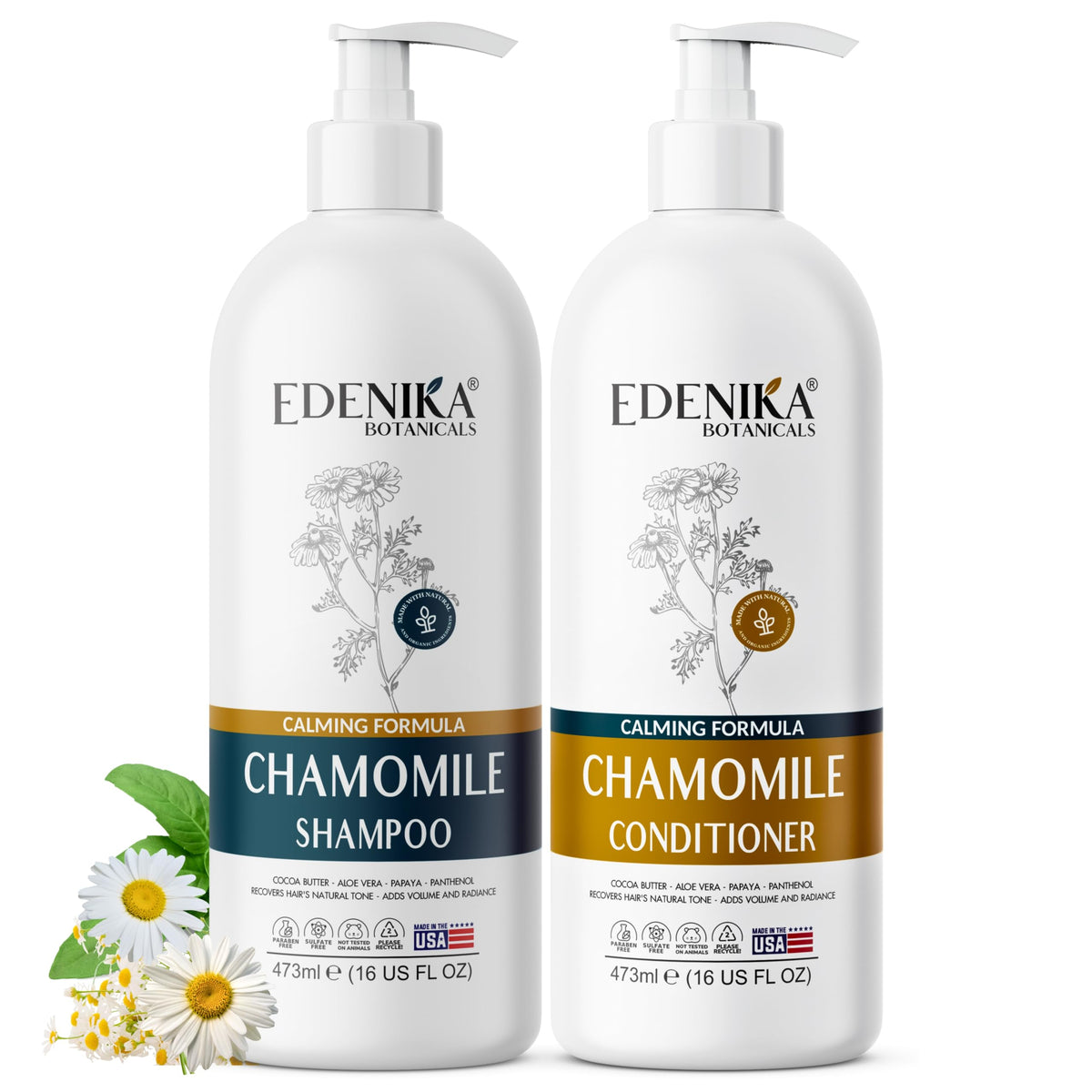 EDENIKA BOTANICALS chamomile shampoo bottle close-up highlighting calming, nourishing formula.