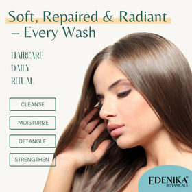 Edenika Botanicals daily-use haircare packaging suggests safe, everyday routine