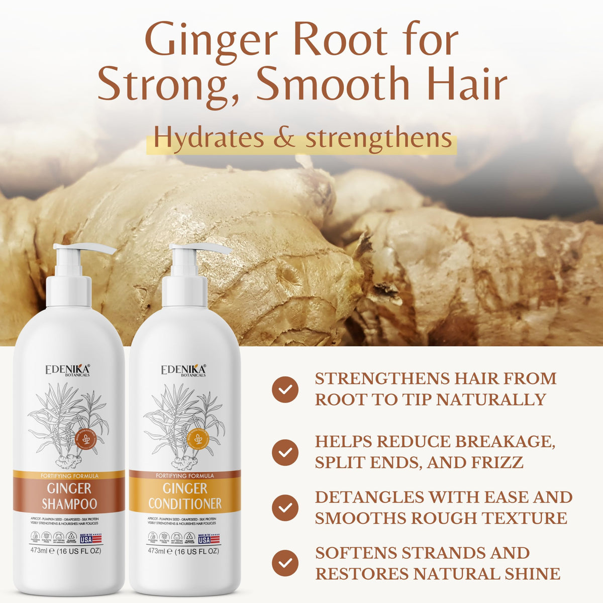 Edenika Botanicals ginger conditioner bottle highlighting detangling and smoothness.