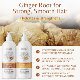 Edenika Botanicals ginger conditioner bottle highlighting detangling and smoothness.