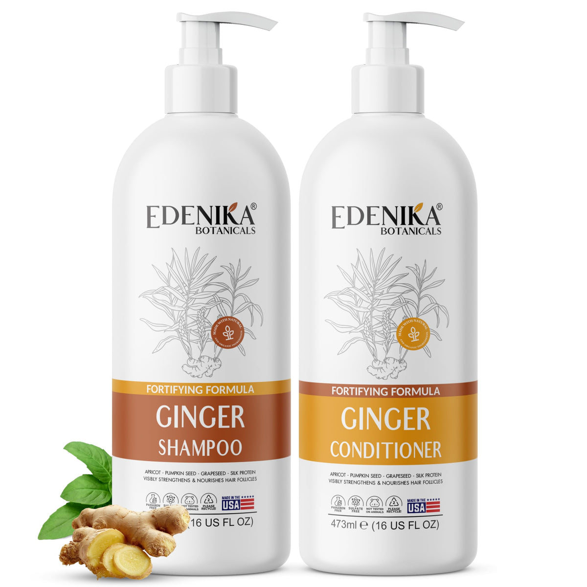 Edenika Botanicals ginger shampoo bottle with ginger root for nourished scalp.