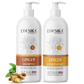 Edenika Botanicals ginger shampoo bottle with ginger root for nourished scalp.