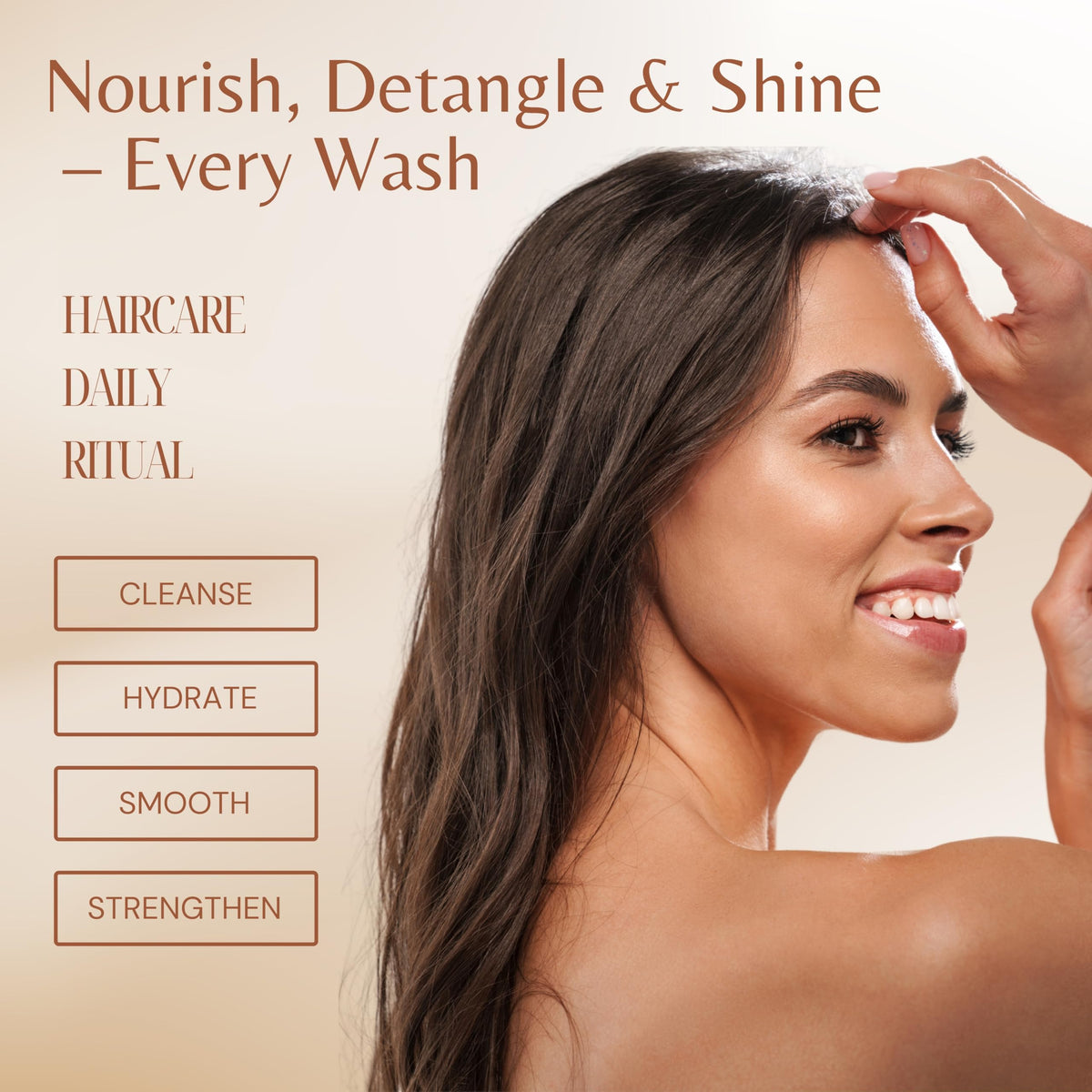 Lifestyle shot shows silky, voluminous hair after using the duo.