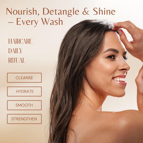 Lifestyle shot shows silky, voluminous hair after using the duo.