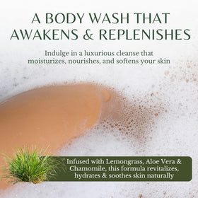 EDENIKA BOTANICALS Lemongrass body wash label closeup shows organic ingredients and vegan formula.