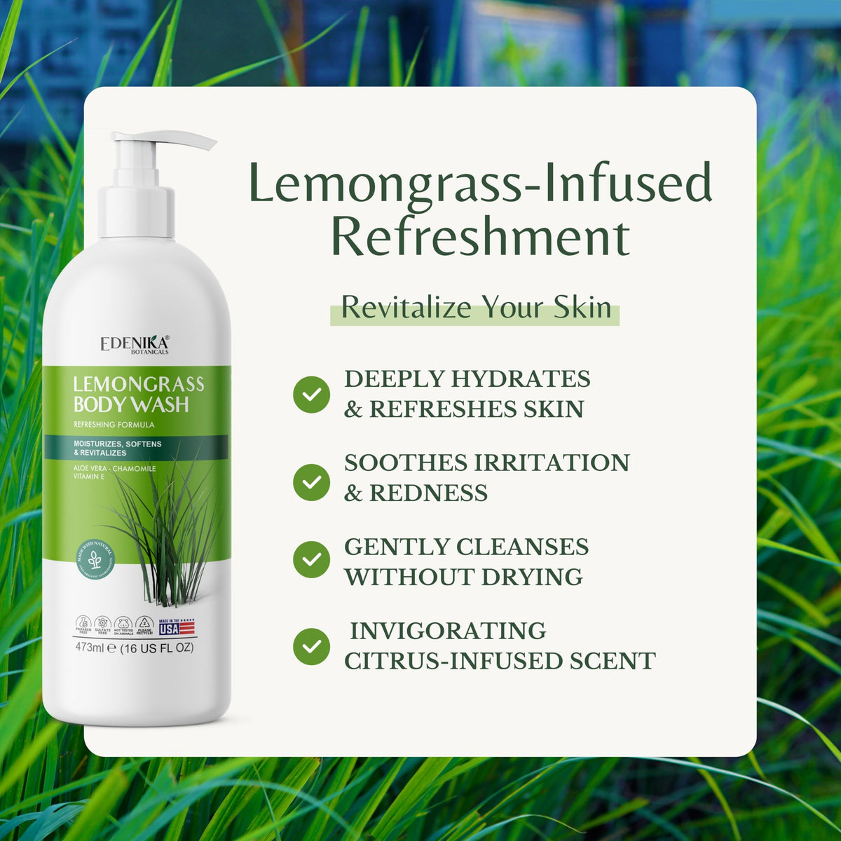 EDENIKA BOTANICALS Lemongrass body wash lather demonstrates rich foam for daily use.