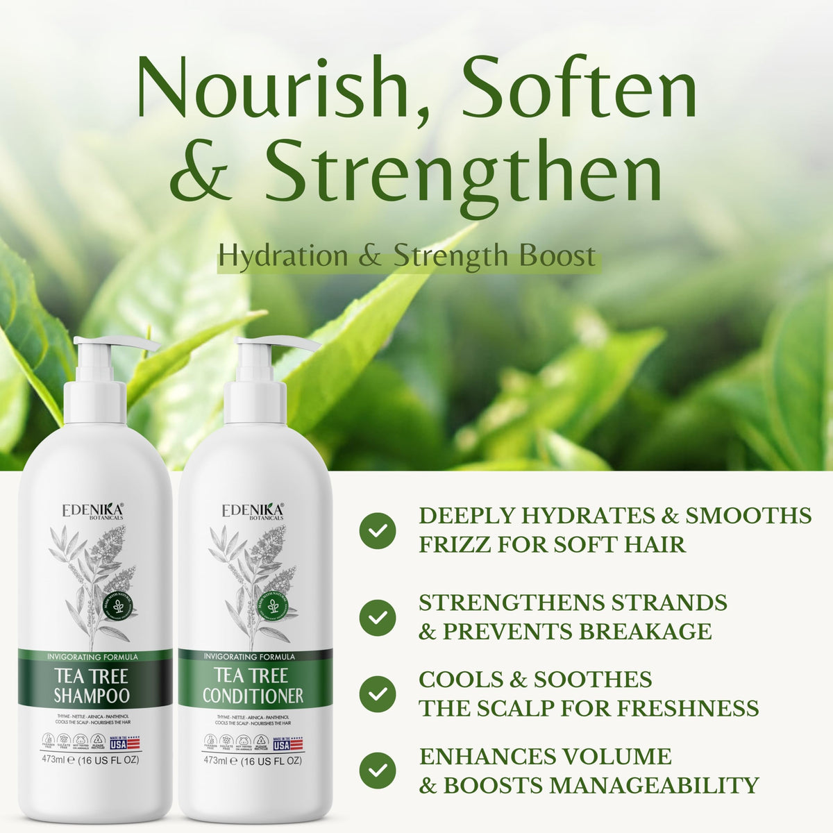 EDENIKA BOTANICALS Tea Tree Oil Conditioner bottle nourishes hair without weighing it down.