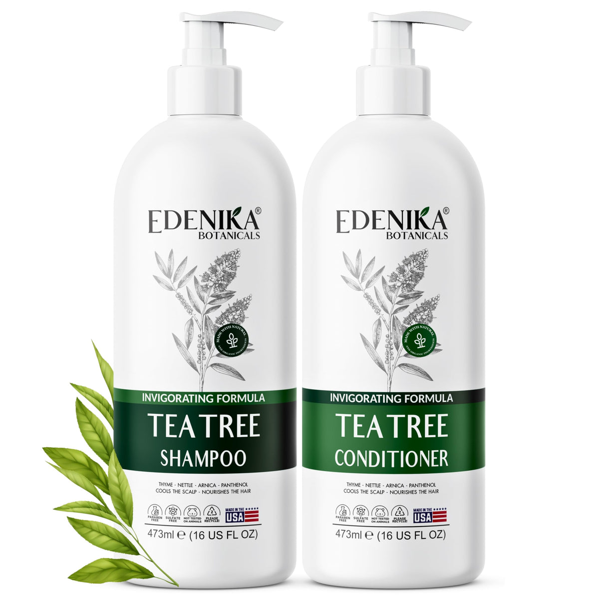 EDENIKA BOTANICALS Tea Tree Shampoo bottle clarifies buildup for a fresh scalp.