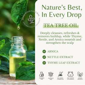 Shampoo clarifies scalp buildup with EDENIKA BOTANICALS Tea Tree Oil Shampoo.
