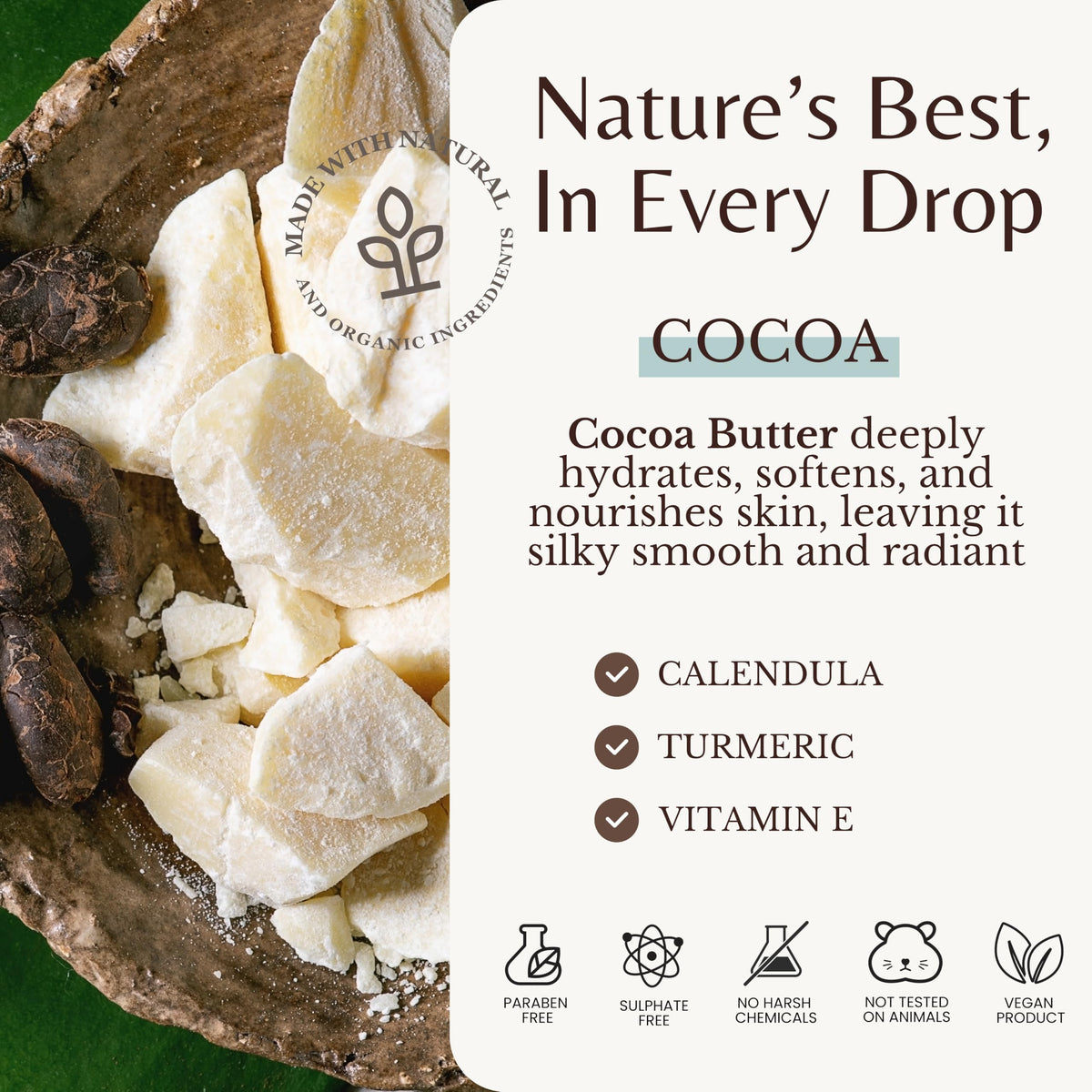 EDENIKA BOTANICALS Cocoa Butter Body Wash label highlights organic ingredients