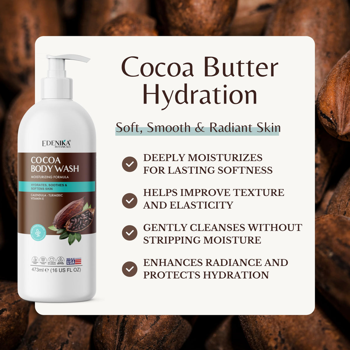 EDENIKA BOTANICALS Cocoa Butter Body Wash pump highlights easy, mess-free dispensing