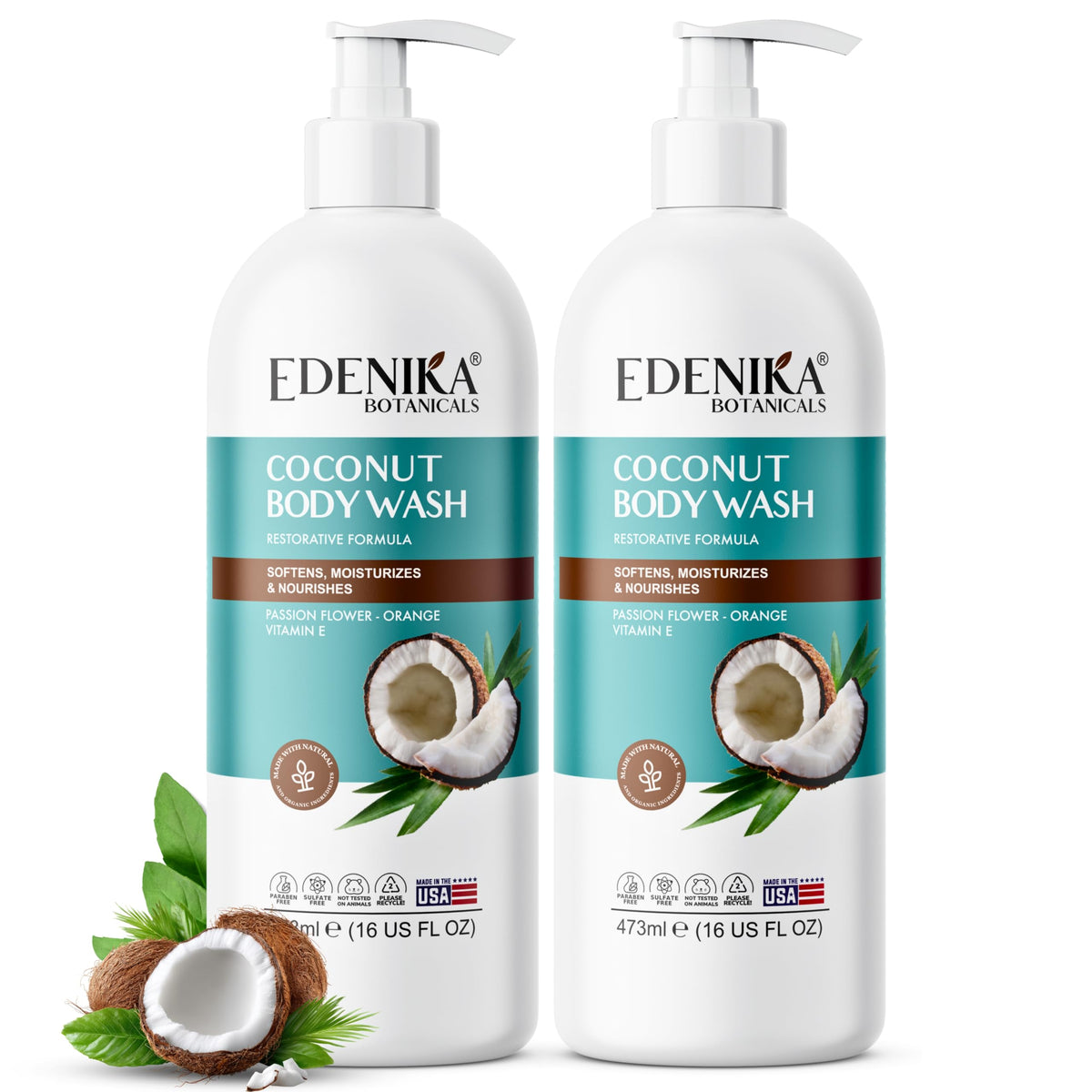 EDENIKA BOTANICALS Coconut Body Wash bottle on a bathroom shelf with a hydrating formula for dry skin