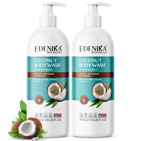 EDENIKA BOTANICALS Coconut Body Wash bottle on a bathroom shelf with a hydrating formula for dry skin
