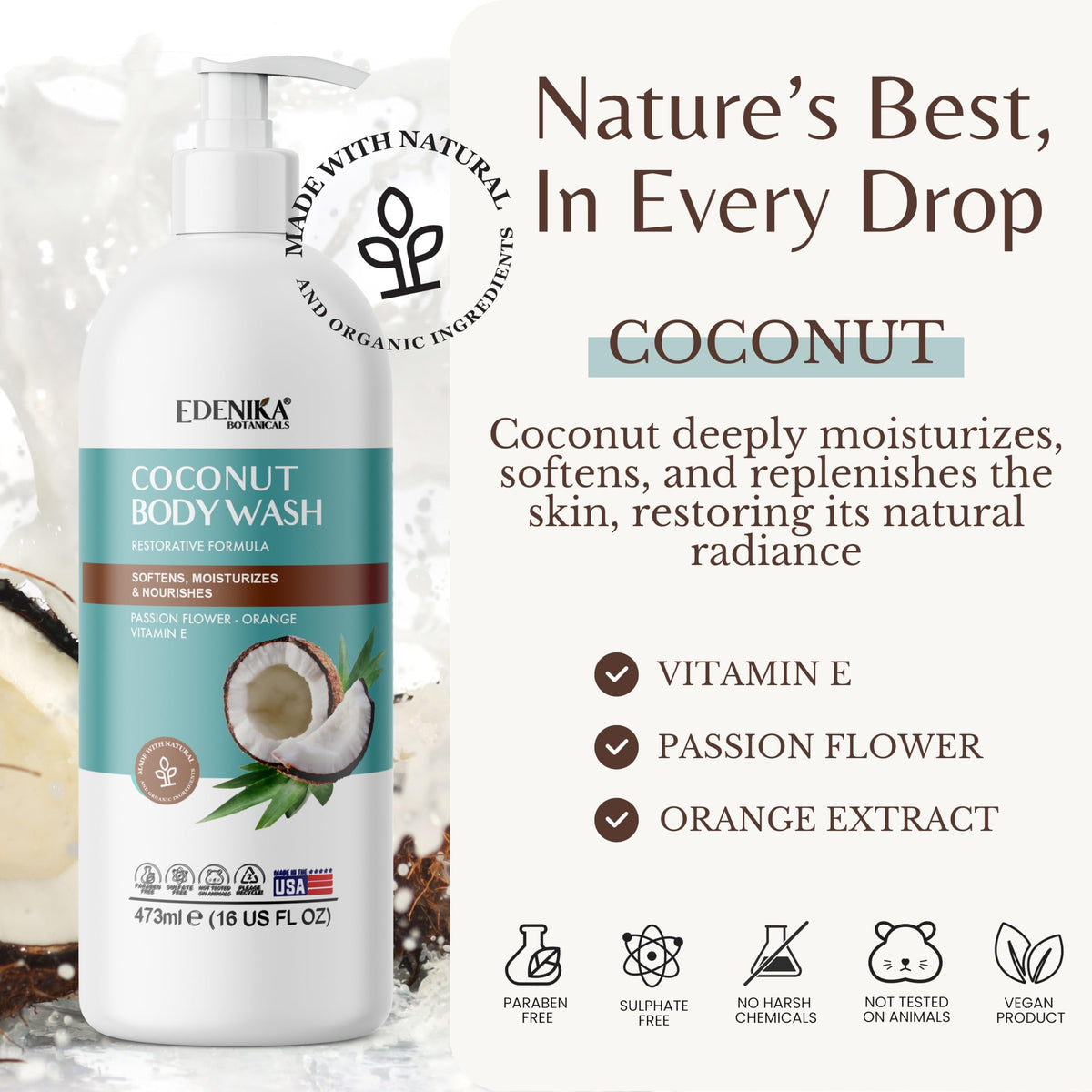 Close-up of EDENIKA BOTANICALS Coconut Oil and Vitamin E ingredients boosting moisture