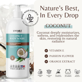 Close-up of EDENIKA BOTANICALS Coconut Oil and Vitamin E ingredients boosting moisture