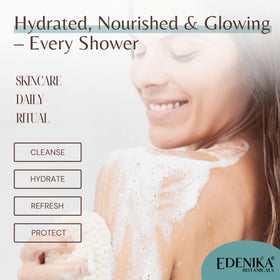 Close look at EDENIKA BOTANICALS label highlighting organic and natural ingredients