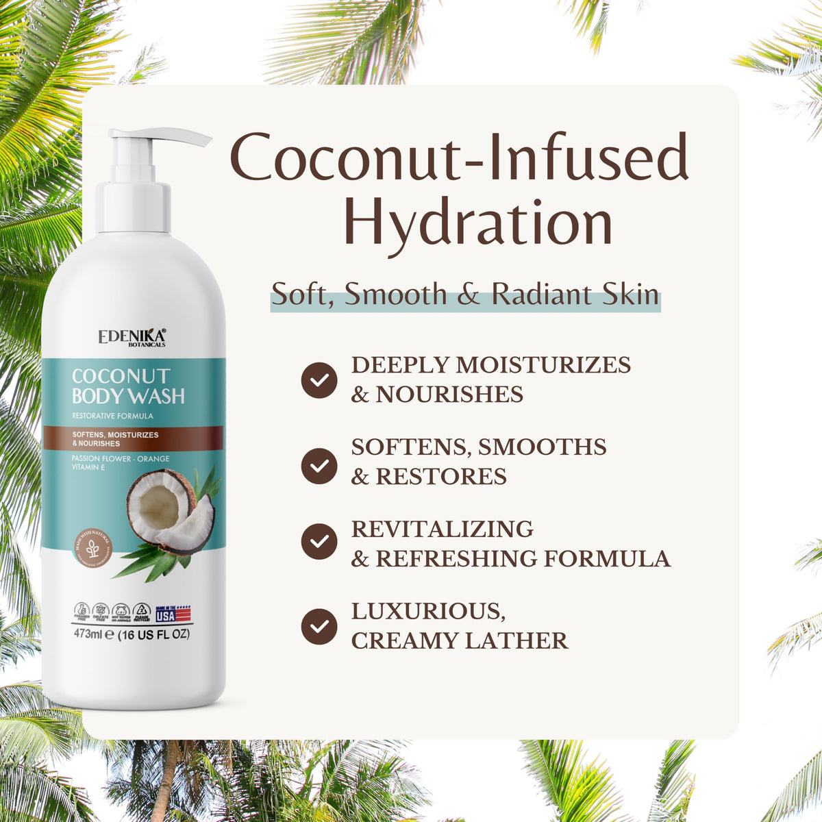 Pouring EDENIKA BOTANICALS Coconut Body Wash showing rich lather and easy dispense