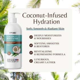 Pouring EDENIKA BOTANICALS Coconut Body Wash showing rich lather and easy dispense