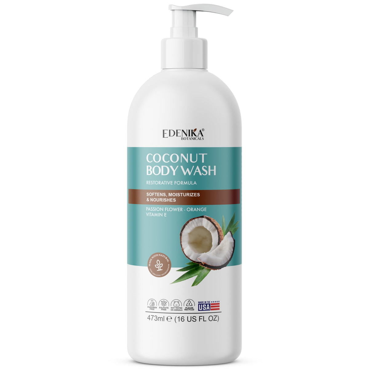 In-shower scene with EDENIKA BOTANICALS Coconut Body Wash delivering airy foam