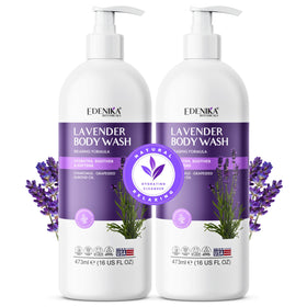 Edenika Lavender Body Wash bottle pour promotes spa-like relaxation.