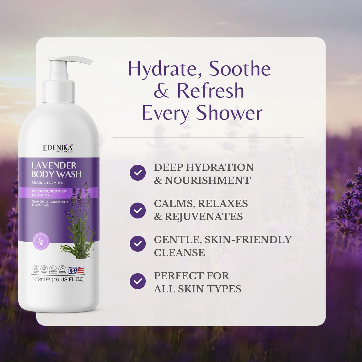 Creamy foam from Edenika Lavender Body Wash cleanses gently during a shower.