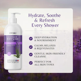 Creamy foam from Edenika Lavender Body Wash cleanses gently during a shower.