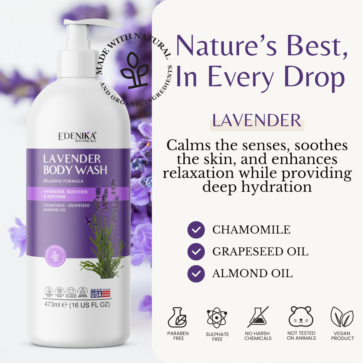 Vitamin E infusion in Edenika Lavender Body Wash supports moisture and resilience.