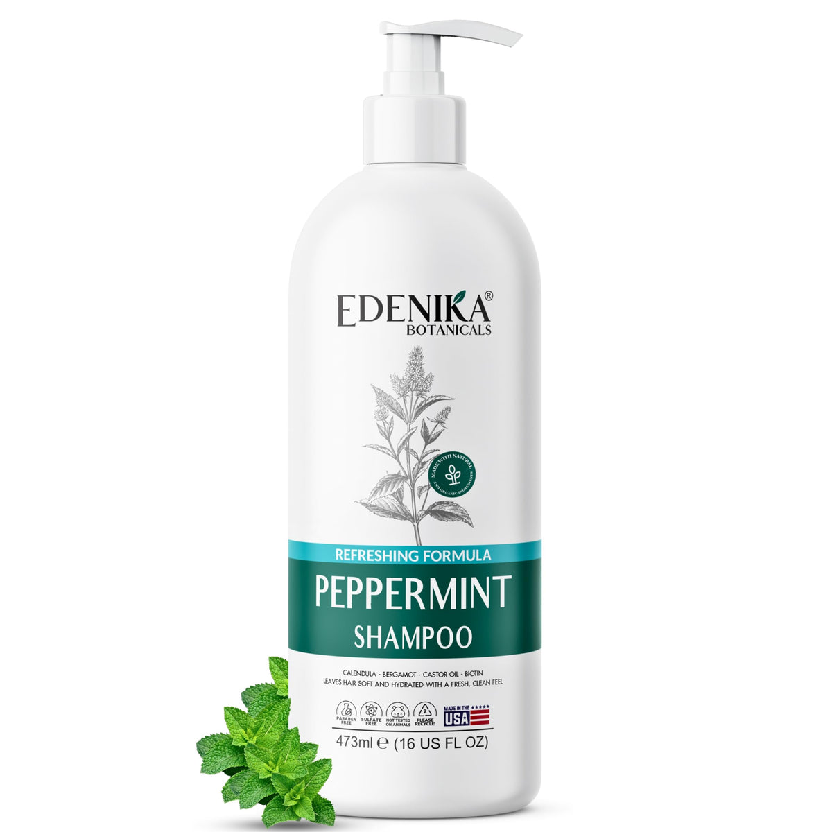 EDENIKA BOTANICALS Peppermint Shampoo bottle for refreshing scalp cleanse.