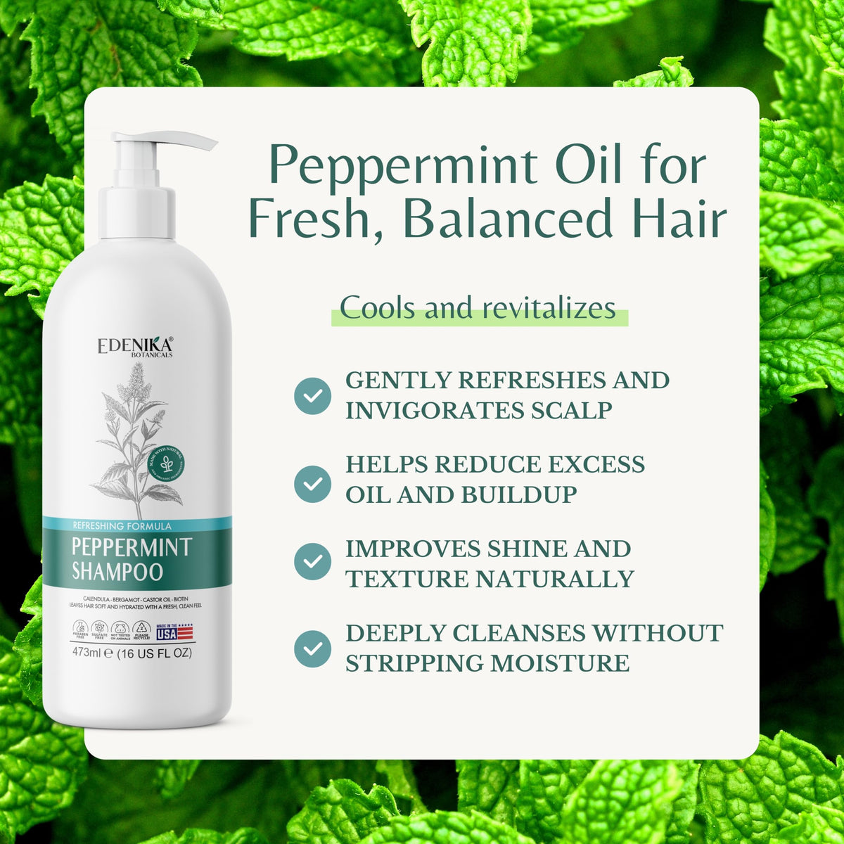 EDENIKA BOTANICALS Peppermint Shampoo pump demonstrating cooling scalp relief.