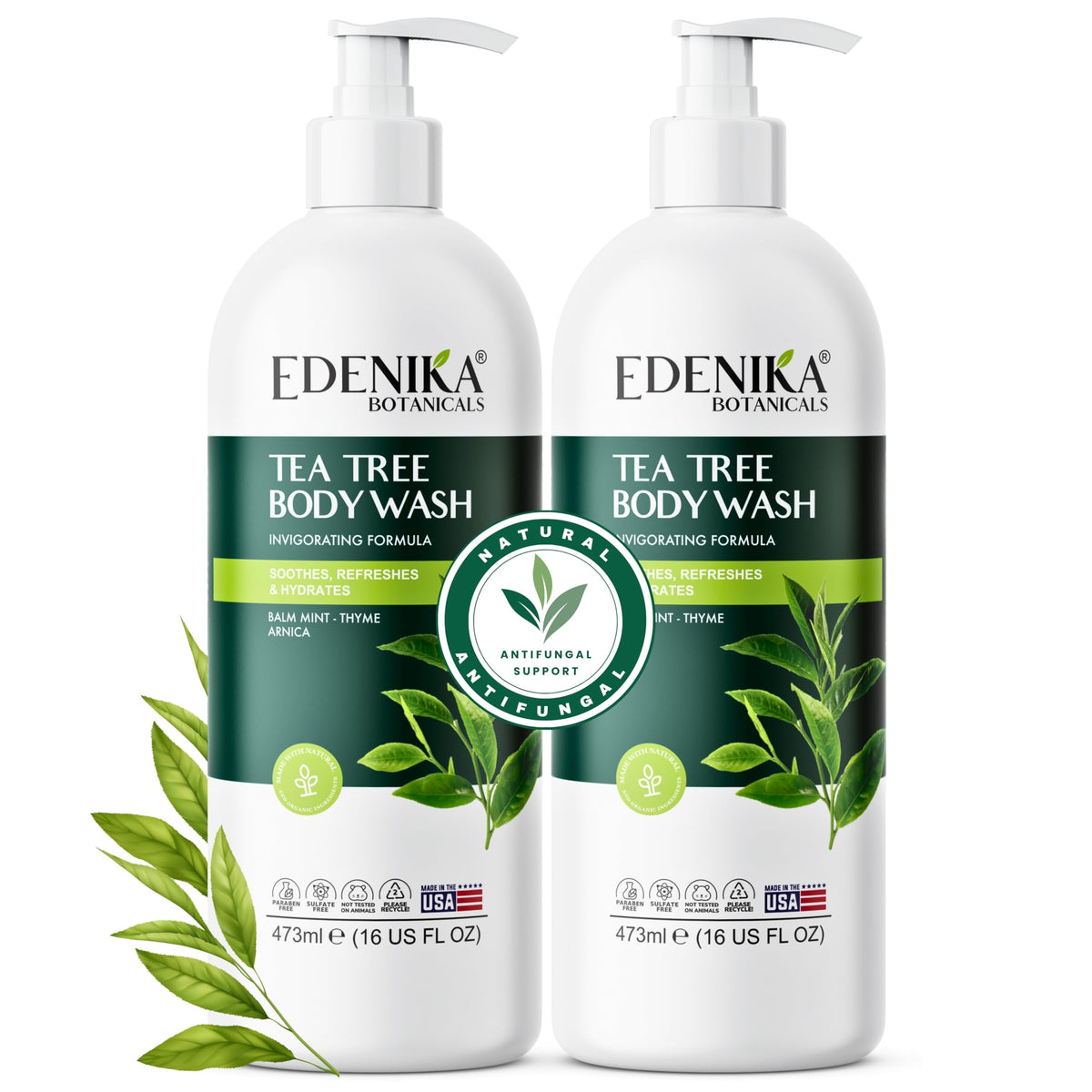EDENIKA Tea Tree Body Wash bottle in shower for a refreshing cleanse.