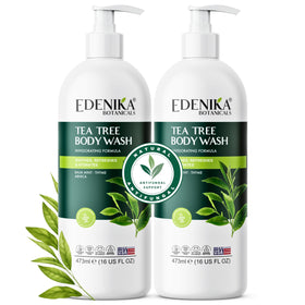 EDENIKA Tea Tree Body Wash bottle in shower for a refreshing cleanse.