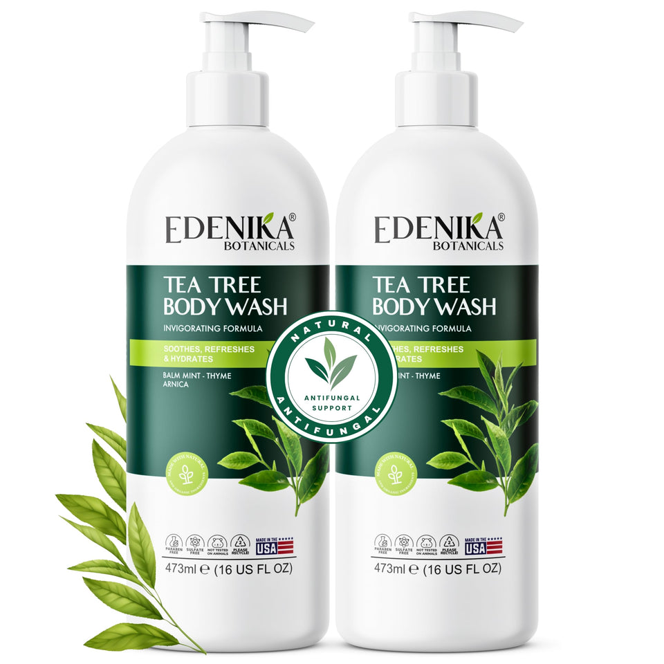 EDENIKA Tea Tree Body Wash bottle in shower for a refreshing cleanse.