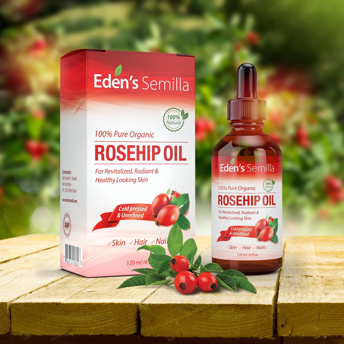 Eden's Semilla rosehip oil in use on skin for nourishment
