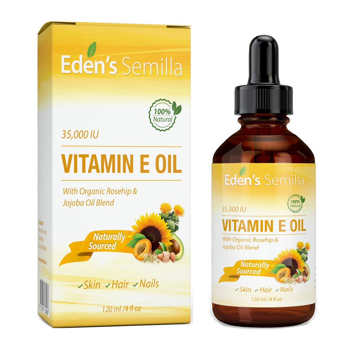 Eden's Semilla Vitamin E Oil bottle pour for easy daily skin nourishment