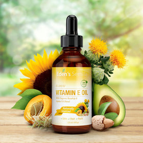 Packaging label of Eden's Semilla Vitamin E Oil highlights purity and simple use