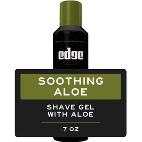 Close-up of Edge Soothing Aloe Shave Gel showing soothing aloe formula for calm skin.