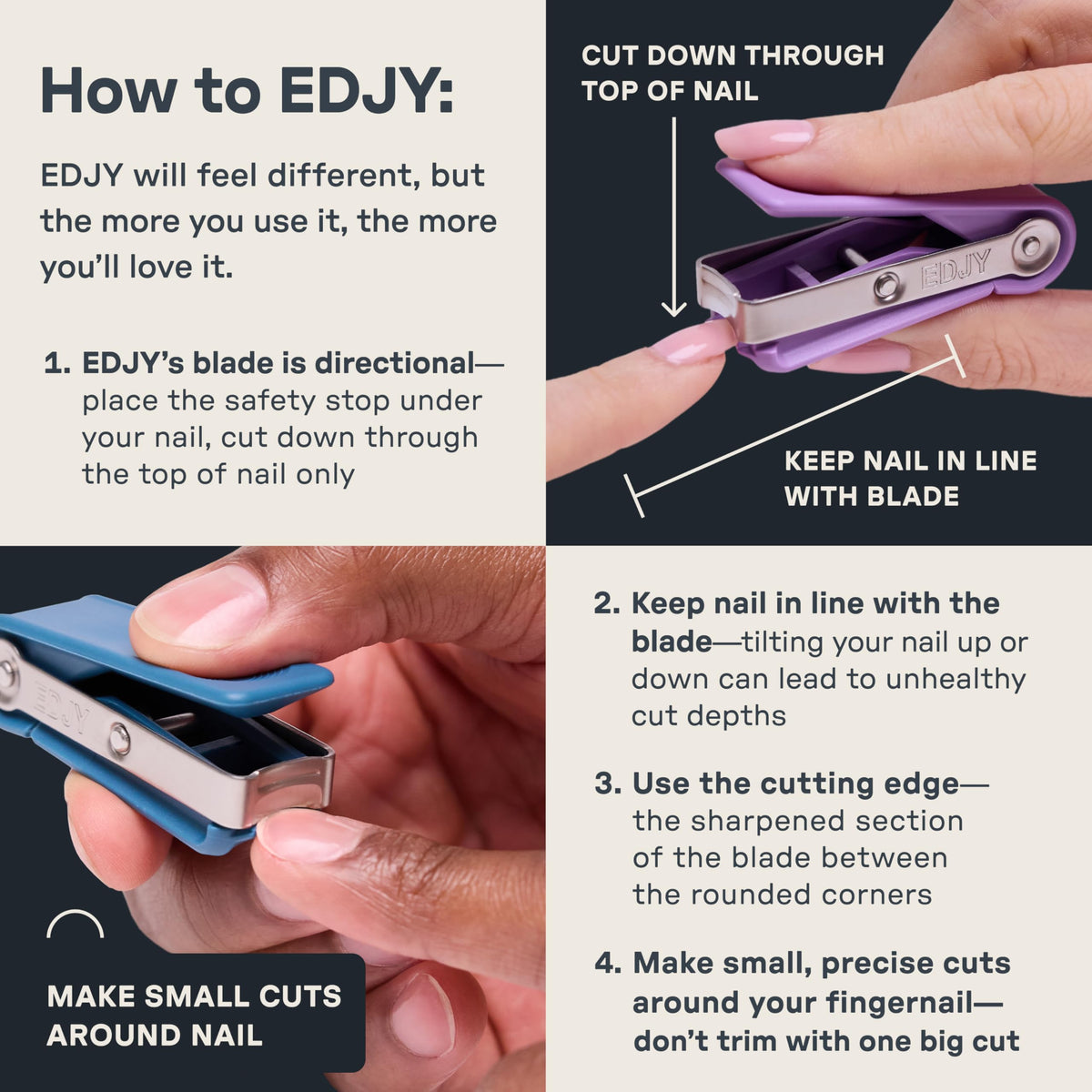 EDJY fingernail cutter featuring safety stop to prevent overcutting