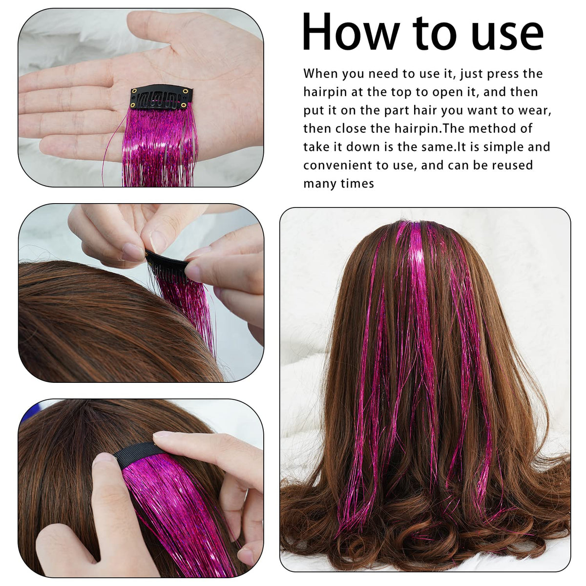Edoneery Rose hair tinsel packaging in silver for easy storage.