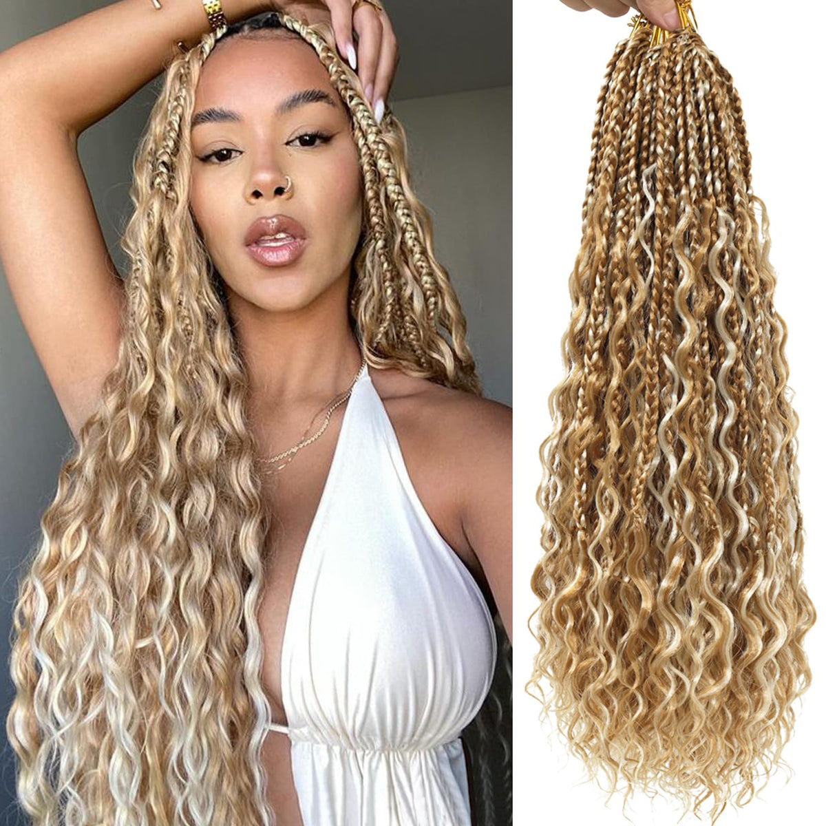 Eeanno Goddess box braids 18-inch style in mixed blonde 613 for a natural finish